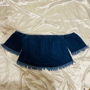 Eloquii Womens Blue Off The Shoulder Frayed Denim Top Size 16